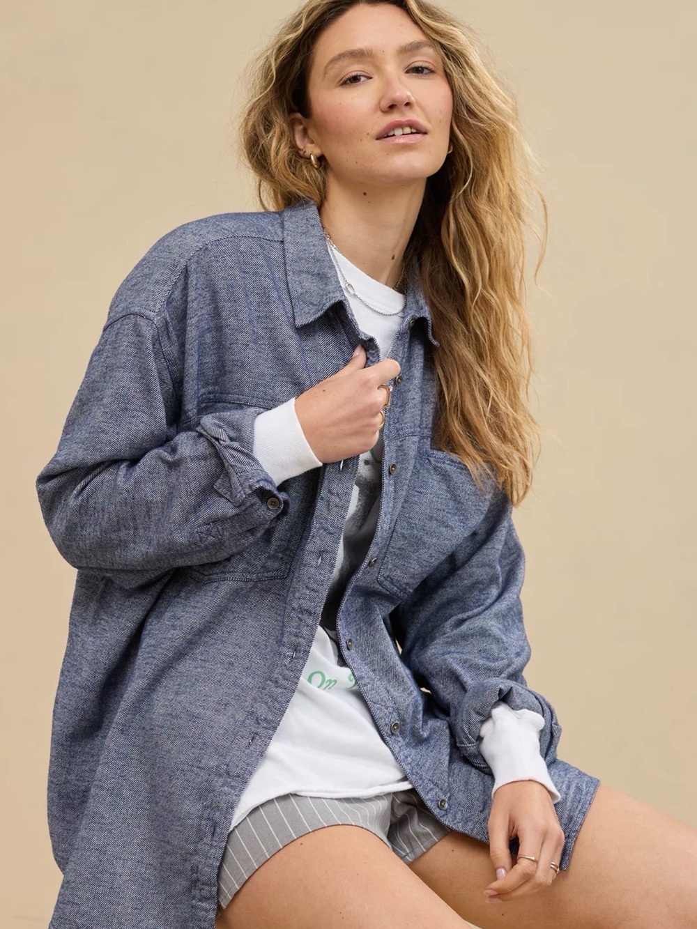 NWT aerie Anytime Fave Twill Shirt Heather Navy